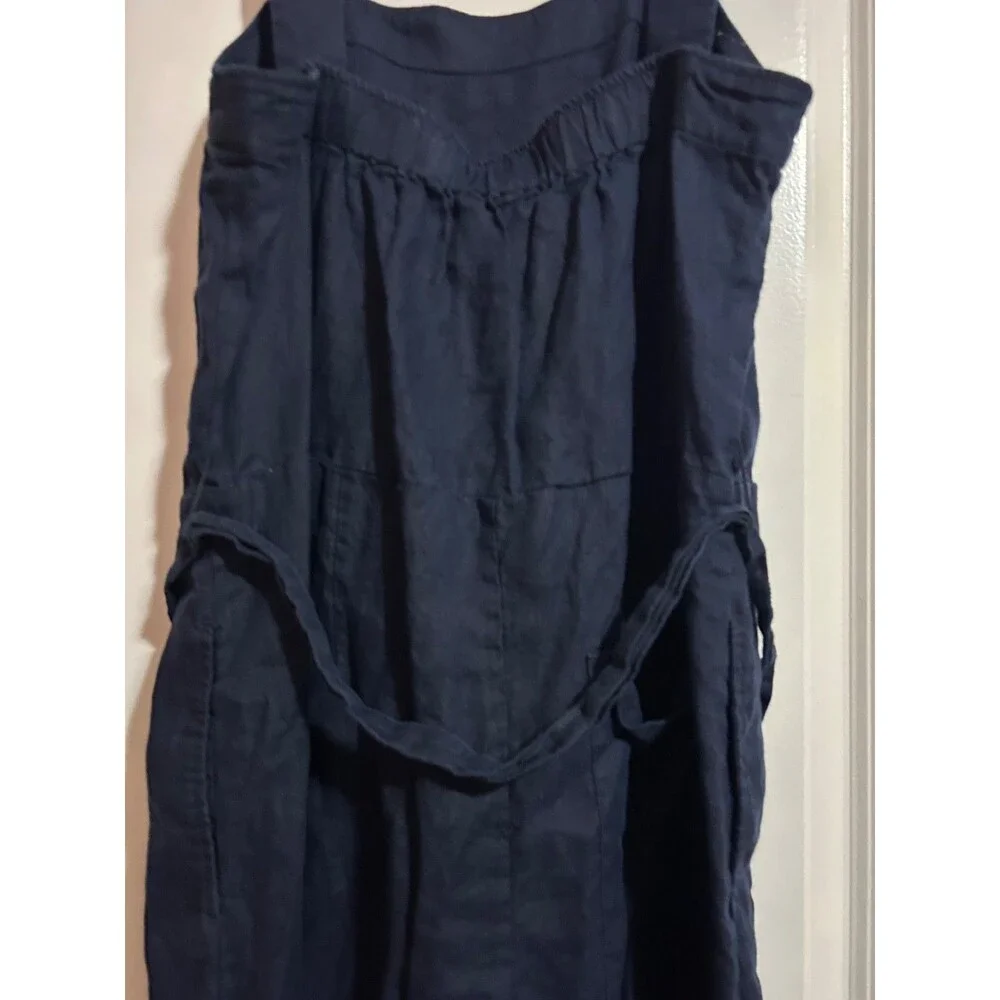 QUINCE Women's 100% European Linen Square Neck Jumpsuit Navy Tie Waist